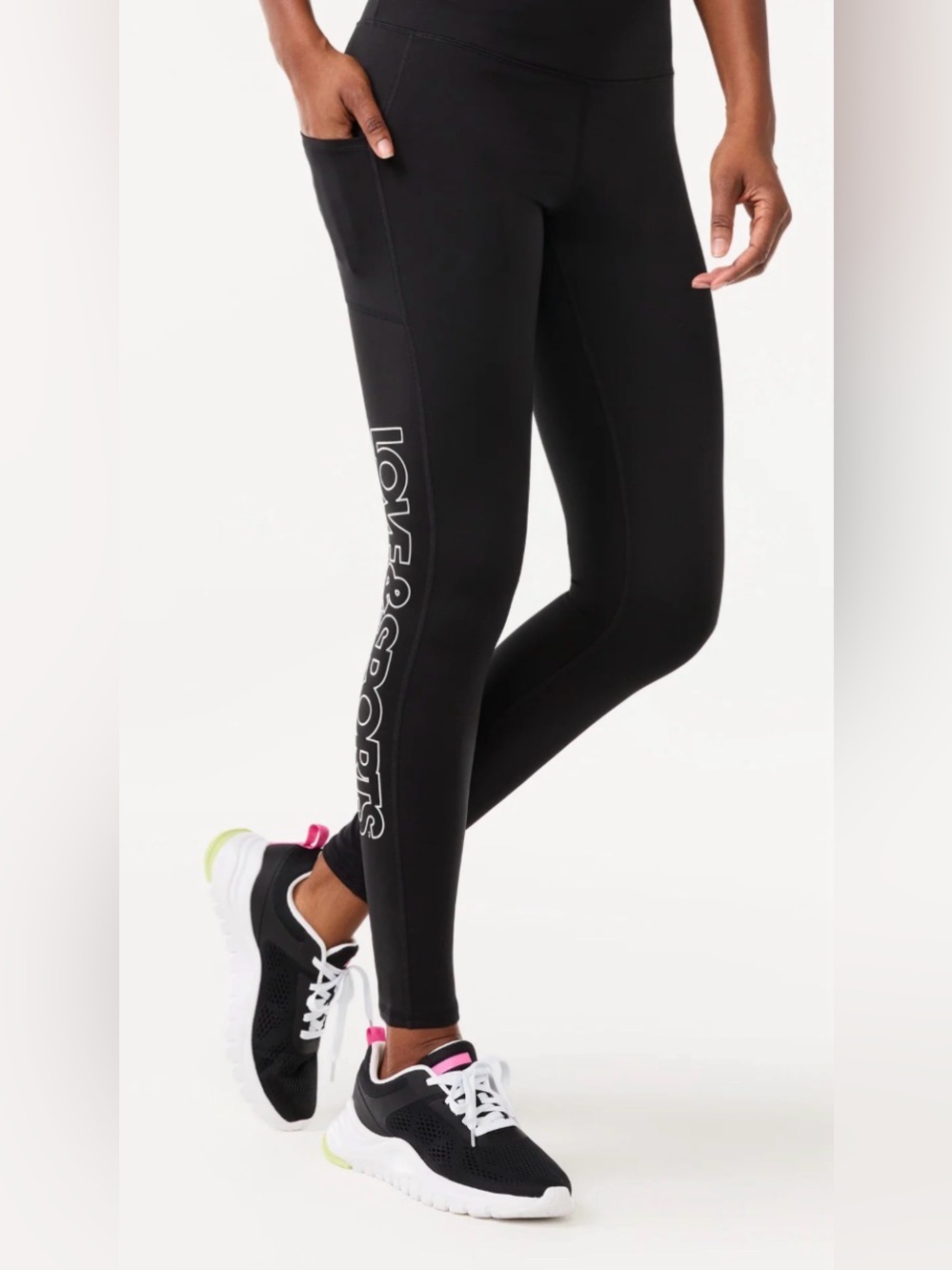 Love & Sports Woman’s Sm Black High-Waist Active Leggings Silver Brand Pockets